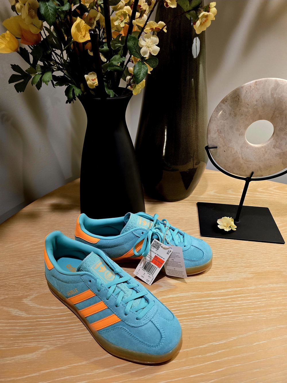 adidas Women’s Suede Sneakers in Turquoise with Orange Stripes